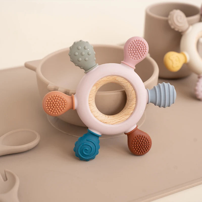 Silicone Teether Rudder Shape Wooden Ring